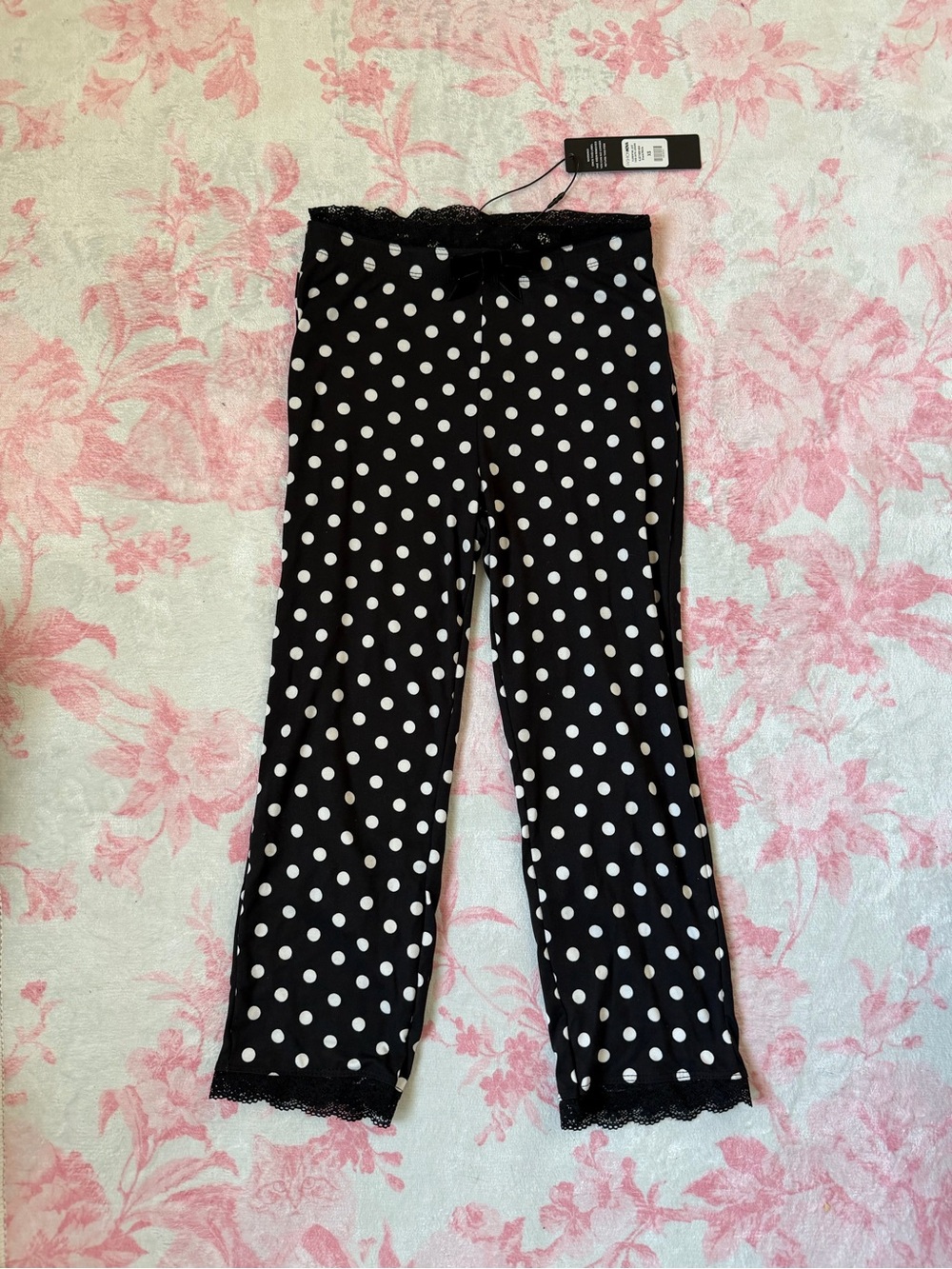 Fashion Nova Black & White Polka Dot Capris with Lace Trim